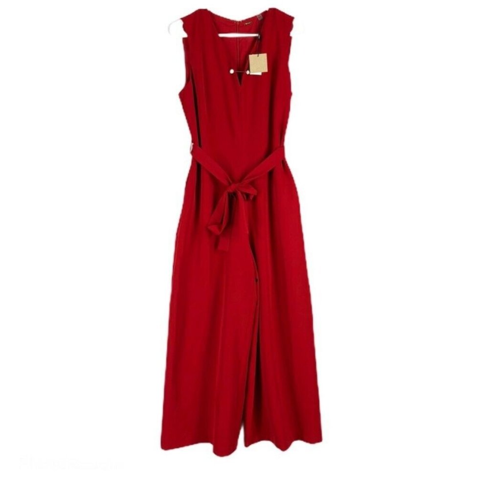 NEW Tahari Jumpsuit Red Wide Leg Pockets Tie Waist